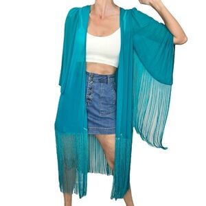 Cocos Fortune teal boho fringe kimono open front long cardigan duster jacke